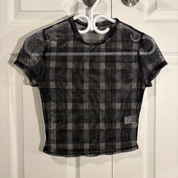 Garage Black & Beige Plaid Mesh Top - Picture 1 of 3